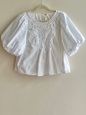 Free People Bardot Lace Front Puff Sleeve Top, White, Size Small